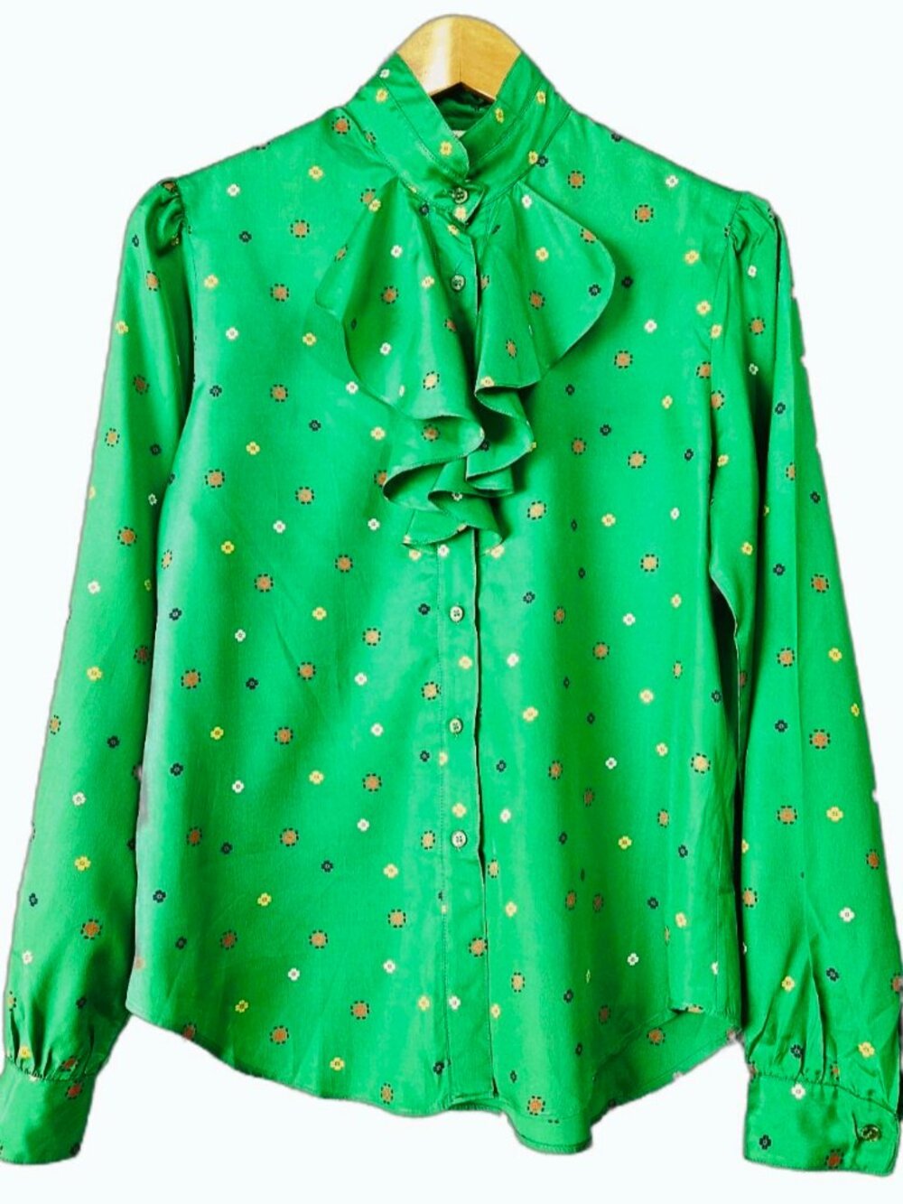 Vintage Green Secretary Blouse M (12) Button Up Ruffle Front Long Sleeve Floral
